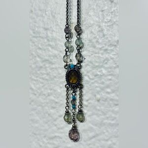 1928 Beaded Pendant Necklace in Amber and Teal